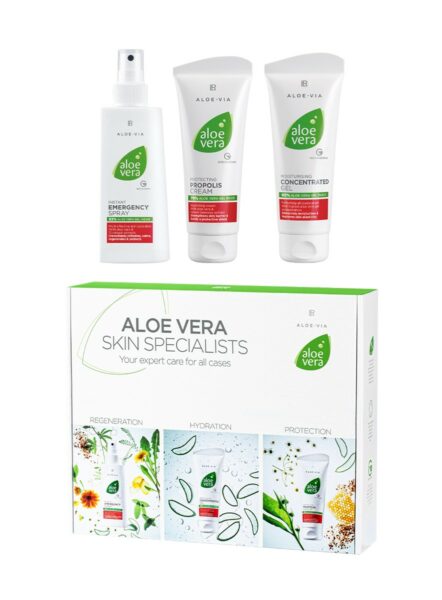 LR ALOE VIA Aloe Vera Special Care Box - Emergency Spray - Concentrated Gel - Propolis Cream